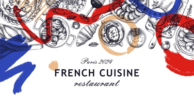 Collage-style French food banner design. Vintage food and wine sketches. Abstract restaurant menu template. France background. Hand-drawn vector illustration, NOT AI generated